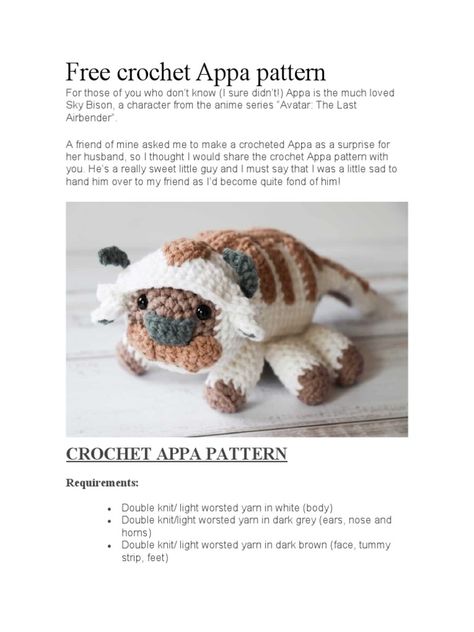 amigurrumi de Appa Appa Crochet Pattern Free, Appa Crochet Pattern, Appa Crochet, Sky Bison, Surprises For Her, Crochet Abbreviations, Crochet Animals Free Patterns, Fun Crochet, Yarn Tail