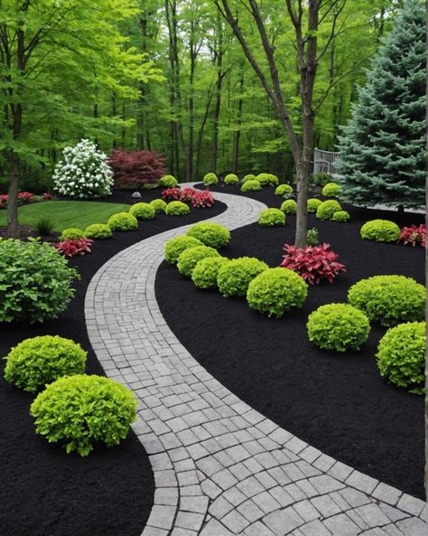 20 Elegant Black Mulch Landscaping Designs To Copy - Toolz Geek Black Yard Ideas, Black Mulch Landscaping, Mulch Landscaping, Flower Garden Plans, Small Yard Landscaping, Small Front Yard Landscaping, Front Yard Garden Design, Modern Garden Design, Lawn And Landscape