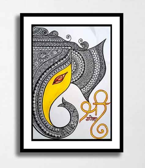 Ganpati In Mandala Art, Framed Mandala Art, Framed Mandala Wall Art, Ganesh Zentangle Art, Mandala Art Frame Design, Easy Ganesha Drawing Mandala, Mandala Art Frames On Wall, Ganesha Mandala Art Easy, Ganesh Mandala Art Easy