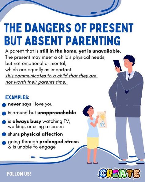 Create Kids Inc on Instagram: "😓Sometimes being in the home but not mentally or emotionally available hurts more or as much as than being completely absent. It can create deeper anger and loneliness than parents realize. 👉It's because a child doesn't feel worthy of your attention or care. They begin to attach these feelings to their own identity. 🧐A child doesn't understand how hard or hectic life is for adults. They aren't developmentally ready to understand how circumstances effect a person Emotionally Absent Parents, Absent Parent, Absent Parents, Absent From School, Emotionally Available, Feeling Ignored, Mindful Activities, Parenting Knowledge, Parenting Help