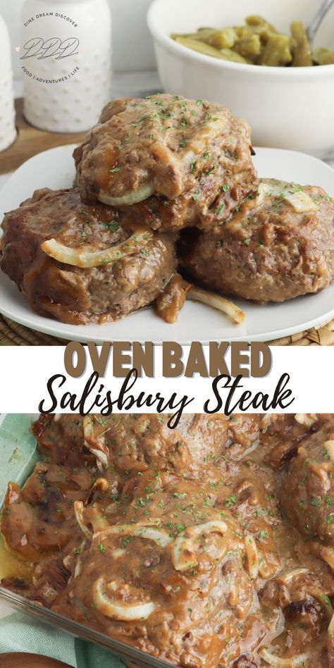 Baked Salisbury Steak Recipe WW 10 Points - Dine Dream Discover Salisbury Steak Recipe In Oven, Salisbury Steak Oven, Salisbury Steak Baked, Baked Salisbury Steak, Salisbury Steak In Oven, Salisbury Steak Bake, Turkey Salisbury Steak Recipes, Hamburger Steak Recipes In Oven, Easy Hamburger Steak In Oven