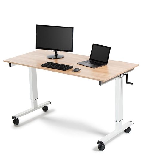 Amazon.com : 60" Crank Adjustable Height Standing Desk (Black Frame / Teak Top) : Office Products Rolling Standing Desk, Crank Desk, Classy Desk, Pretty Desks, Desk Black, Adjustable Height Standing Desk, Stand Up Desk, Sit To Stand, Adjustable Standing Desk