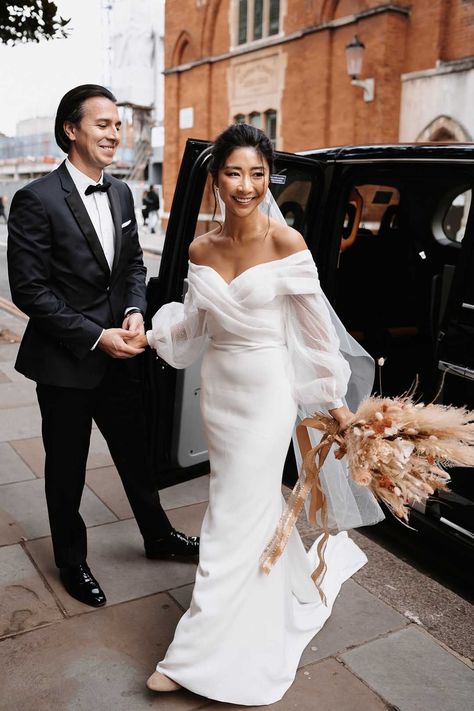 Groom in a black tux with a bow tie and Bride in simple off the shoulder wedding dress with chiffon puff sleeves | Lynn Shapiro Photography Dried Floral Bouquet, Eva Lendel, My Dream Wedding, Bow Wedding Dress, Surprise Wedding, Unconventional Wedding, Maid Of Honour Dresses, Classic Wedding Dress, Sleeve Wedding Dress