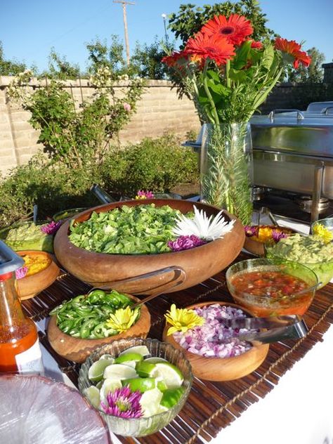 elegant taco bar - everyone loves a taco, you can eat stand and chat, and its cheap!! Elegant Taco Bar, Mexican Backyard Wedding, Backyard Wedding Food Ideas, Mexican Backyard, Backyard Wedding Food, Taco Bar Party, Wedding Food Ideas, Mexican Buffet, Ideas For Backyard