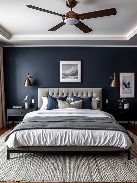 home deco ideas Grey White And Navy Bedroom, Dark Blue Bedroom Ideas For Couples, Room Color Ideas Bedroom Men, Dark Blue And Grey Bedroom, Blue And Grey Bedroom Decor, Blue And Grey Boys Bedroom, Grey Blue Bedroom, Blue Bedroom Ideas For Couples, Man Room Ideas