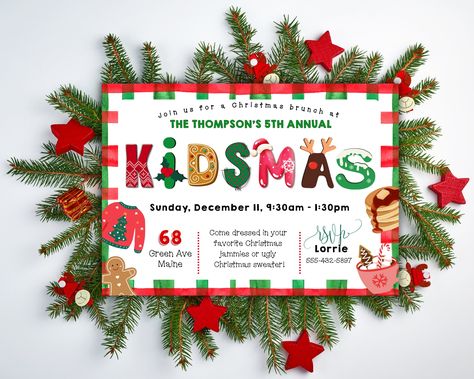 This adorable "Kidsmas" Kids Christmas party invitation can be downloaded instantly and edited seamlessly to suit your needs. Perfect for your kids holiday party this year! Send digitally or print and hand deliver! What's included in your order:  * One 5"x7" DIGITAL invitation download - all text EXCEPT "KIDSMAS" and "rsvp" can be edited on Corji Purchase - Edit - Download - Print (or send digitally)!   You can edit these and use as many times as you need! Christmas Themed Kids Birthday Party, Kids Christmas Party Invite, Kids Christmas Party Invitations, Children’s Christmas Party, Kidsmas Party, Christmas Party Themes For Kids, Kids Xmas Party Ideas, Toddler Christmas Party Ideas, Christmas Party Invitations Ideas