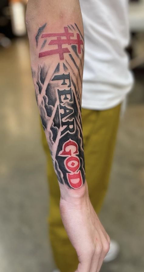 Foe Tattoos Men, Red Forearm Tattoo, Grandma Tattoo For Men, Forearm Tattoo Men Ideas, New Tattoo Ideas For Men, Chosen 1 Tattoo, Fear God Tattoo Men, Fear Tattoo Ideas, 1of1 Tattoo