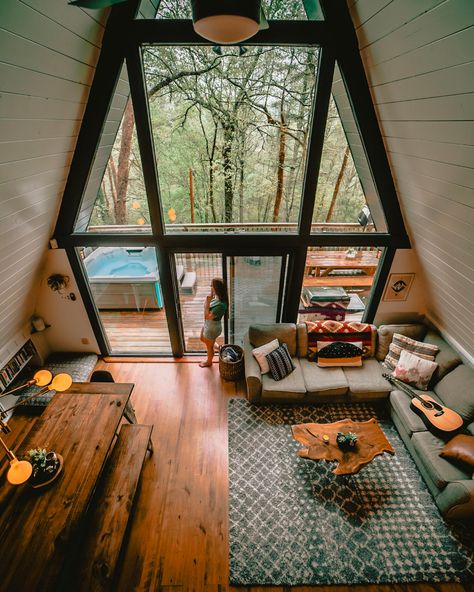 A Frame House Interior, A-frame Interior, Triangle House, Cabin Interior Design, A Frame Cabins, A Frame House Plans, Cabin Interiors, Cabin Living, A Frame Cabin