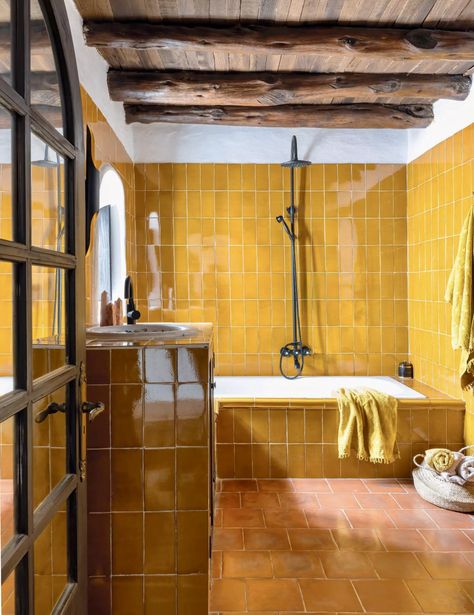 Yellow Boho Bathroom, Mustard Yellow Bathroom Ideas, Mustard Yellow Bathroom, Yellow Bathroom Ideas, Moroccan Tile Floor, Boho Bathrooms, Bamboo Bath Mats, Boho Bathroom Ideas, Yellow Bathroom