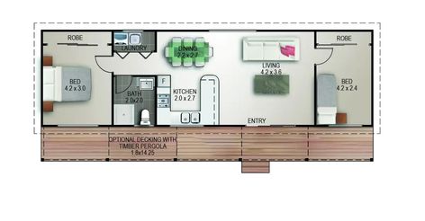 Elliot Home Design | The Perfect Granny Flat One Bedroom Granny Flat, Granny Flat Plans, Timber Pergola, Skillion Roof, Granny Flats, Two Bedroom House, Timber Deck, Pergola With Roof, Granny Flat