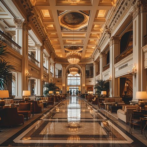 Elegant Hotel Lobby: A luxurious hotel lobby with grand columns, opulent chandeliers, and plush seating welcomes distinguished guests. #elegance #luxury #hotel #lobby #chandelier #marble #columns #grand #aiart #aiphoto #stockcake https://ayr.app/l/RxuW Hotel Lobby Double Height, Fancy Hotel Lobby Aesthetic, Fancy Hotel Interior, Large Lobby Design, Hotel Event Space, Elegant Hotel Lobby, Hotel Lobby Design Luxury Classic, Beautiful Hotel Lobby, Aesthetic Hotel Lobby