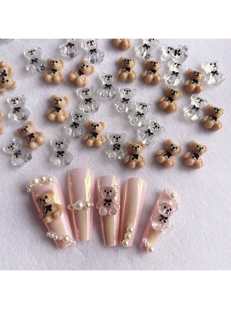 New Arrivals 20pcs/Set 3d Cartoon Bear & Bow Tie, Large Bow, Little Bear, Transparent Khaki Nail Decoration, Perfect For Women's Diy Nails, Phone Cases Nail Charms Nail Gems Nail SuppliesI discovered amazing products on SHEIN.com, come check them out! Teddy Bear Nails, Khaki Nails, Beige Nail, Nail Ornament, Nail Gems, Bears Nails, Beige Nails, New Nail Art, Gem Nails