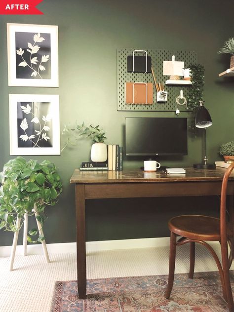 This clever guest room/office redo just goes to show that $500 can go a long way. #beforeandafter #guestbedroom #DIY #homeremodel #office #beforeandafter #workspaces Forest Theme Office, Green Office Ideas, Sage Green Office, Green Office Walls, Green Home Offices, Hobbit Holes, Office Redo, Office Idea, Home Office Colors