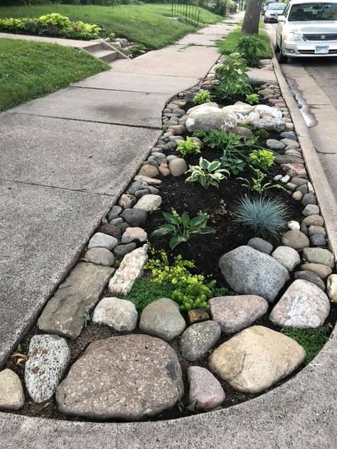 Against House Landscaping Ideas, Ideas For Uneven Backyard, Zeroscape Park Strip, Small Strip Garden Ideas, Diy Rock Bed Landscaping, Landscaping Next To Sidewalk, Front Yard River Rock Ideas, Landscape By Sidewalk, Backyard River Rock Ideas