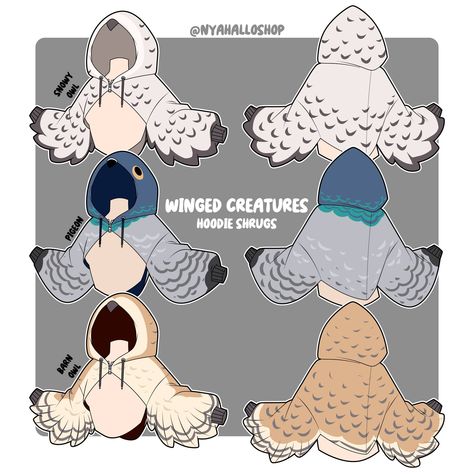 are you birdbrained? 🐦🧠 then you need these shrugs!!! which one is BEST?! #snowyowl #pigeonsupremacy😩🤞 #picoftheday #barnowl #pigeonpower #birdbrainfashion #avianinspired #wildlifefashion #birdloversunite Clothes For Winged Characters, Forshorting Poses Reference, Winged Creatures, Animal Hoodie, Clothing Design Sketches, Drawing Anime Clothes, Dress Design Sketches, Snowy Owl, Whimsical Fashion