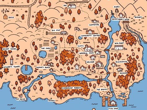 Stardew Valley map by Sasha Kolesnik Stardew Valley Map, Stardew Valley Expanded, Stardew Fanart, Stardew Valley Layout, Stardew Valley Tips, Stardew Valley Farms, Stardew Valley Fanart, Map Layout, Child Education