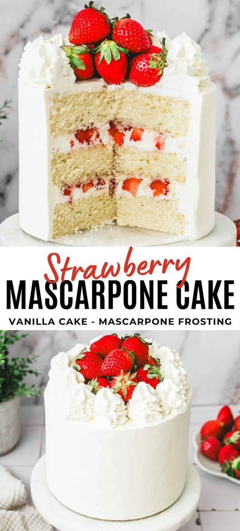 Treat yourself to a slice of heaven with our strawberry cake featuring mascarpone frosting! Made from scratch, our soft and fluffy vanilla cake layers are bursting with the goodness of real strawberries. Between each layer, luxuriously smooth mascarpone frosting and juicy strawberries create a delightful medley of flavors. Whether it's for a birthday bash or a Mother's Day celebration, this delectable dessert is sure to impress with its homemade charm and irresistible taste! Mascarpone Cake Recipe, Strawberry Mascarpone Cake, Strawberries And Cream Cake, Strawberry Layer Cake, Strawberry Mascarpone, Fluffy Vanilla Cake, Easy Bundt Cake Recipes, Mascarpone Cake, Strawberry Layer Cakes