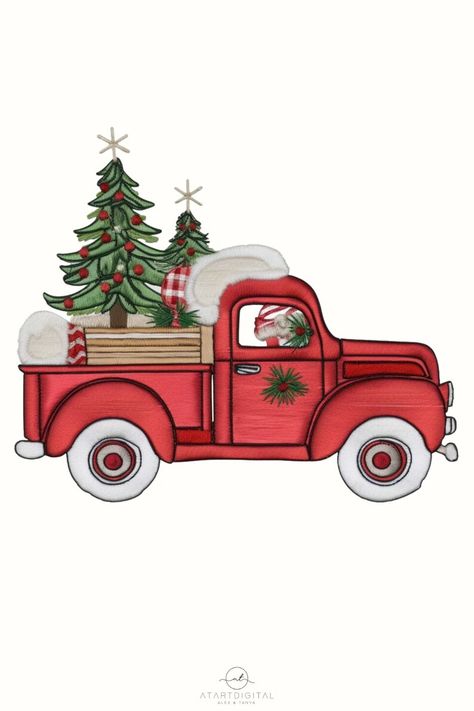 Red Truck With Christmas Tree, Christmas Truck With Tree, Red Pickup Truck, Stocking Ideas, Family Holiday Cards, Christmas Red Truck, Christmas Tree Truck, Old Pickup, Cup Decal