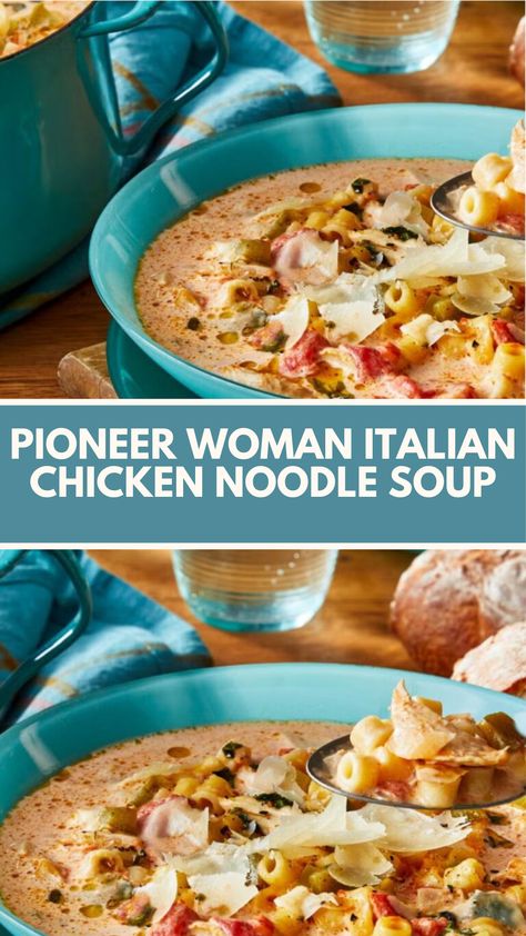 This easy and comforting Italian Chicken Noodle Soup from the Pioneer Woman is a quick meal made with tender chicken, creamy broth, and fresh veggies. It’s a flexible recipe, perfect for using common pantry ingredients, and ready in no time. Top with Parmesan for extra flavor! Pioneer Woman Italian Chicken Soup, Pioneer Woman Chicken Noodle Soup, Pioneer Woman Chicken Tortilla Soup, Pioneer Woman Soup, Italian Chicken Noodle Soup, Wife Meals, Pioneer Woman Soups, Pioneer Chicken, Pioneer Kitchen