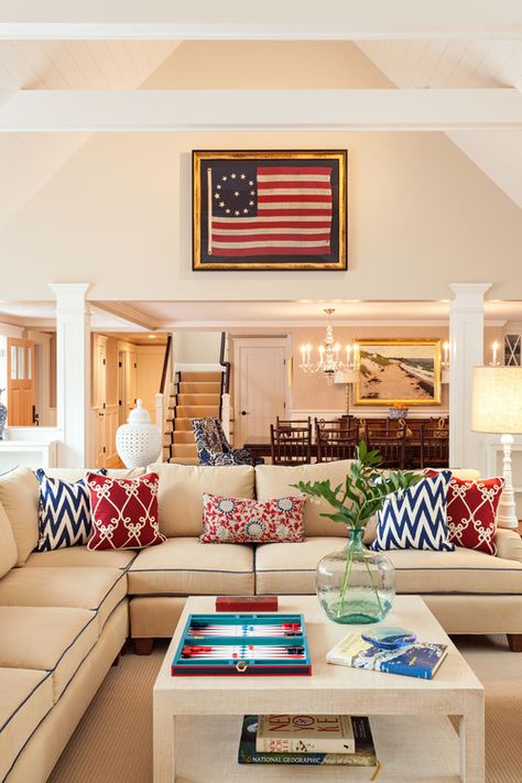 Living Room with Accents of Red, White, and Blue Cape Cod Lake House Interior Design, Manchester Tan, Boston Living Room, Red Apartment, Beach Style Living Room, Nautical Living Room, Blue Living Room Decor, Usa Pride, Lake Decor