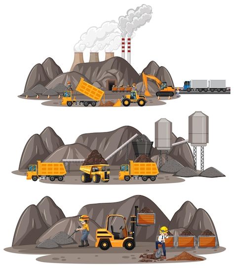 Coal mining scene with different types o... | Free Vector #Freepik #freevector #background #nature #cartoon #sun Mining Logo, Nature Cartoon, Batman Comic Cover, Dam Construction, Cartoon Sun, Background Nature, Construction Trucks, Solar Module, Building Games