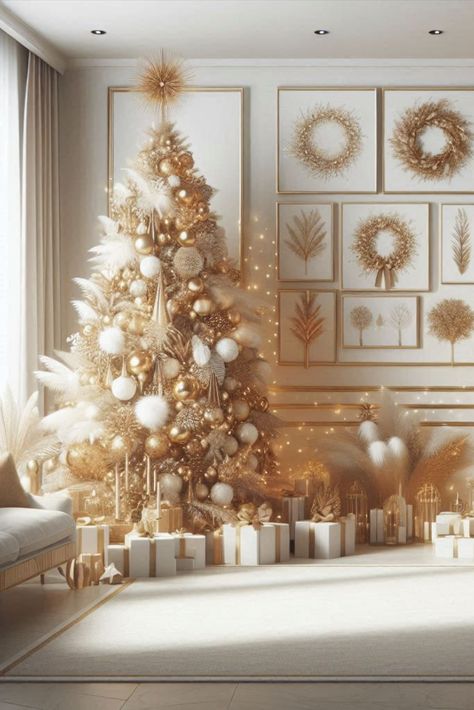 Elevate your holiday decor with a stunning white and gold Christmas tree. Discover tips for creating a luxurious, eye-catching centerpiece that exudes elegance and refinement. Christmas Tree Cream And Gold, Golden White Christmas Tree, White And Gold Xmas Decor, Elegant Christmas Ideas, Christmas Tree White Decorations, Christmas Tree White And Gold, White And Gold Christmas Decorations, Gold Xmas Tree, White Gold Tree