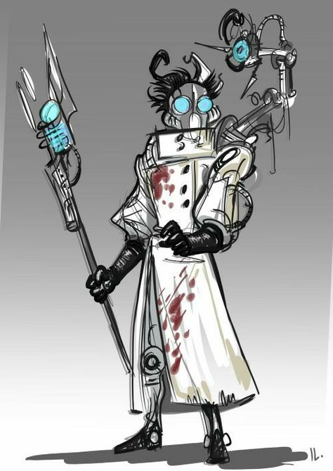 Fantasy Surgeon, Mad Scientist Oc Art, Surgeon Character Design, Crazy Scientist Character Design, Evil Scientist Oc, Scientist Concept Art, Mad Scientist Art, Mad Scientist Character Design, Mad Scientist Oc