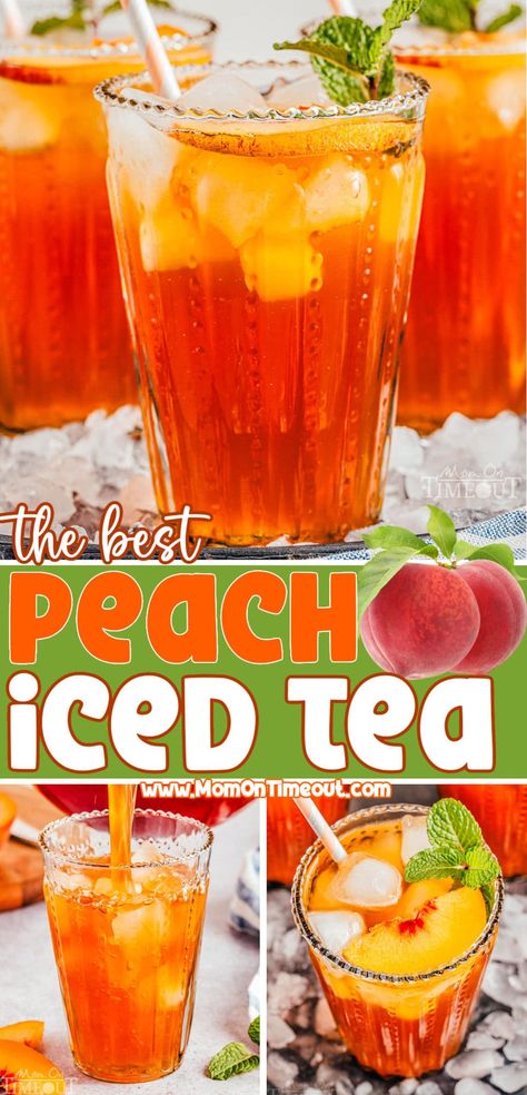 This delicious Peach Iced Tea is wonderfully refreshing and the perfect drink for a hot summer day! Sure to impress with its beautiful color and incredible flavor, this stunning Peach Tea recipe is a breeze to make and perfect for summer get-togethers, BBQs and poolside parties! | MomOnTimeout.com Peach Iced Tea Recipe, Flavored Tea Recipes, Peach Tea Recipe, Iced Tea Recipes Homemade, Peach Iced Tea, Sweet Tea Recipes, Iced Tea Recipe, Tea Drink Recipes, Peach Syrup