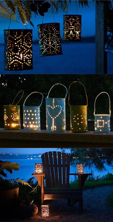 DIY-outdoor-lights-apieceofrainbowblog (16) Can Lanterns, Tin Can Lanterns, Outdoor Lighting Ideas, Solar Light Crafts, Diy Outdoor Lighting, Beautiful Patios, Backyard Lighting, Diy Simple, Light Crafts