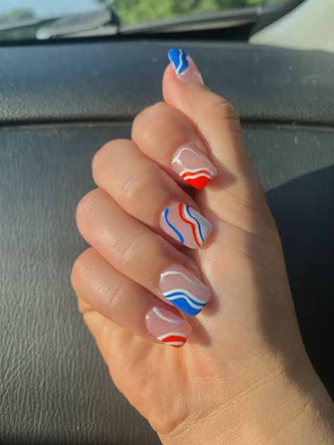 Acrylic gel nails, 4th of July nails, Fourth of July nails, swirl nails, red white blue nails Simple Nails For 4th Of July, Cute Short 4th Of July Nails, Fourth Of Nails 4th Of July, Forth Of July Summer Nails, Fourth Of July Nail Inspiration, Nail For 4th Of July, 4th Of July Inspo Nails, Red And Blue Swirl Nails, Cute 4 Th Of July Nails