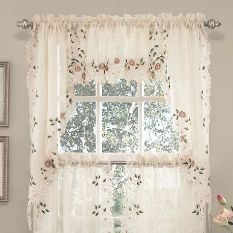 Old World Floral Embroidered Kitchen Curtain Tier and Valance (Swag Valance), Beige Off-White, Size 58 x 38 Swag Curtains, Kitchen Curtain Sets, Tier Curtains, Kitchen Valances, Kitchen Curtain, Curtain Valance, Old World Style, Valances, Kitchen Window