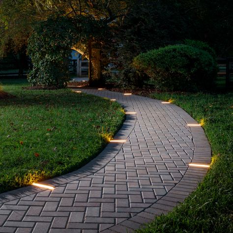 Tru-Scapes Paver Lights | LED - Outdoor Paver Lights | Offered by Belgard Paver Walkway Ideas, Hardscape Lighting, Paver Path, Paver Lights, Pavement Design, Pavers Backyard, Paver Designs, Paver Walkway, Walkway Ideas