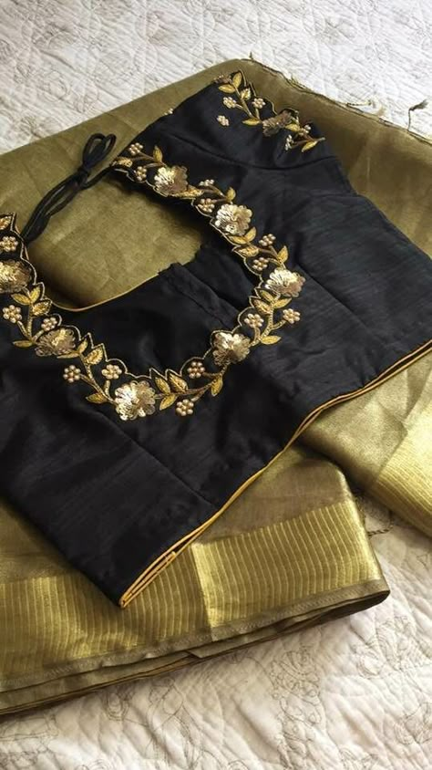 Black Blouse Thread Work Designs, Black Maggam Blouse, Black Colour Blouse Designs, Embroidered Blouse Designs Latest, Black Work Blouse, Blouse Designs High Neck, Cotton Blouse Design, Saree Bollywood, Zardosi Work