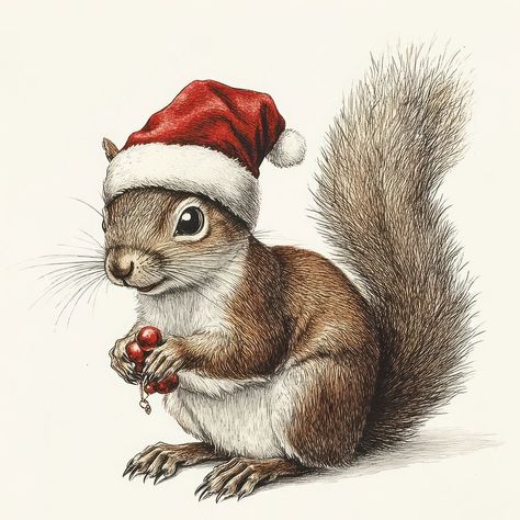 A squirrel wearing christmas hat illustration animal art. | free image by rawpixel.com Watercolor Squirrel, Squirrel Drawing, Tshirt Upcycle, Squirrel Tattoo, Squirrel Illustration, Vintage Squirrel, Hat Illustration, Black Squirrel, Christmas Squirrel