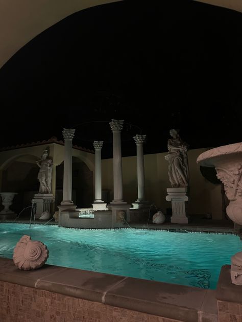 Backyard Pool Aesthetic Night, Greek Mansion Aesthetic, Mansion Party Aesthetic, Vintage Pool Aesthetic, Greek Pool, Pool Area Ideas, Barbie Hotel, Statues Aesthetic, Pool And Pool House Ideas