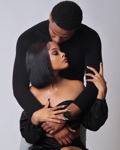 Couple Photoshoot All Black Outfit, Engagement Photos Poses Plus Size Black Love, Studio Photoshoot For Couples, Photoshoot Anniversary Ideas, Engagement Photoshoot Ideas In Studio, Birthday Photoshoot For Couples, Birthday Couple Photography, Birthday Shoot Ideas For Couple, Couple Photoshoot In Black Outfit