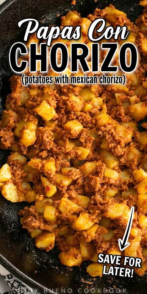 Papas con chorizo is a go-to classic Mexican breakfast. Requiring just two ingredients and absolutely jam-packed with flavor, this is a recipe you need in your meal rotation. It is also incredibly versatile, perfect for filling tacos, tortas, gorditas, and burritos, and for topping sopes, tostadas, and more. Try it out for a perfect lunch or dinner meal! Chorizo Recipe, Chorizo Breakfast, Chorizo And Potato, Meal Rotation, Chorizo Recipes, Mexican Breakfast, Mexican Dinner, Breakfast Tacos, Mexican Food Recipes Authentic