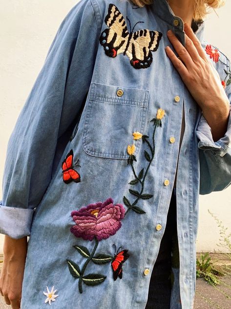 repurposed shirt with embroidery by tessa perlow Embroidered Denim Shirt Diy, Embroidery Denim Shirt, Tessa Perlow, Embroidery Clothes, Shirt With Embroidery, Embroidered Denim Shirt, Mending Clothes, Garment Sewing, Denim Embroidery