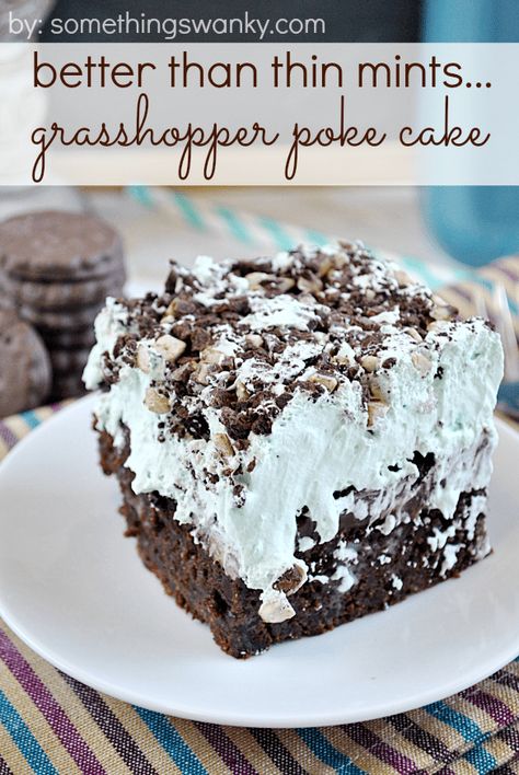 Super easy to make and perfect for your loved ones! Look no further as this post will teach you how to make yummy Grasshopper Poke Cake Recipe. Poke Cake Recipes, Poke Cakes, Moist Chocolate Cake, A Piece Of Cake, Poke Cake, Think Food, Chocolate Cake Mixes, Hot Fudge, Piece Of Cake