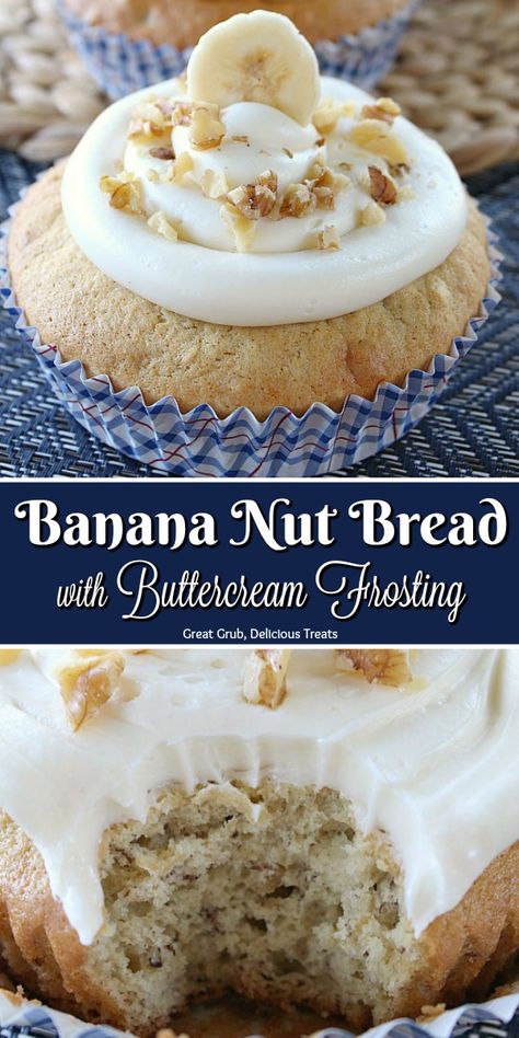 This Banana Nut Bread with Buttercream Frosting is super moist, loaded with bananas, walnuts and topped with a buttercream frosting. #banana #bananabread #deliciousfoodrecipes #deliciousdesserts #recipes #greatgrubdelicioustreats Nut Muffins, Banana Nut Muffins, Banana Bread Muffins, Banana Walnut, Banana Nut Bread, Nut Bread, Banana Nut, Cream Frosting, Incredible Recipes