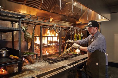 Wood Fire Kitchen, Firewood Cooking, Steakhouse Design, Asado Grill, Meat Restaurant, Wood Fired Cooking, Cooking Restaurant, Bbq Grill Design, Fire Grill