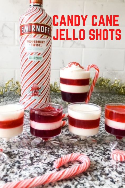 These Candy cane Jello shots are festive and fun! The layered peppermint shots are impressive and easy to make for any holiday drinks menu. Christmas jello shots Candy Cane Jello Shots, Peppermint Jello Shots, Christmas Jell-o Shots, Peppermint Shots, Holiday Jello Shots, Jello Shooters, Jello Shots Vodka, Peppermint Vodka, Menu Christmas