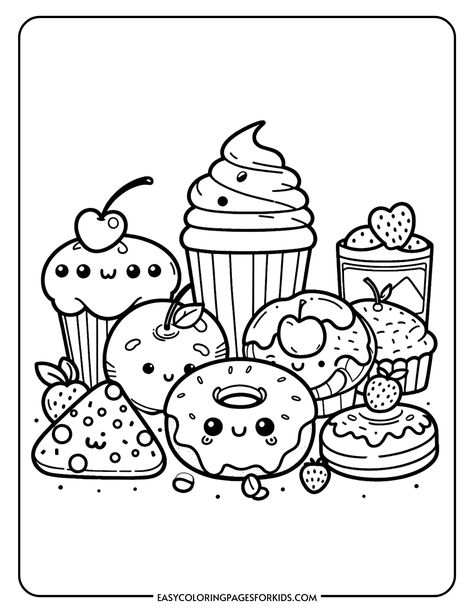 Cute cartoon-style coloring page featuring various desserts, including cupcakes, donuts, and fruit, designed for kids' coloring activities. Cute Drawings Without Color, Drawing Without Color, Cooking Coloring Pages, Food Colouring Pages, Cute Pictures To Color, Sweets Coloring Pages, Food Coloring Pages Free Printable, Food Coloring Sheets, Cute Food Coloring Pages