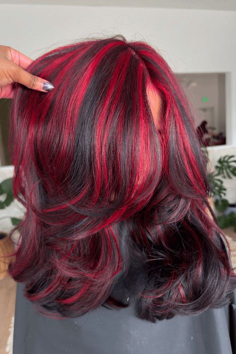 red highlights, vibrant hair, hair color ideas Light Red Highlights In Black Hair, Red Hair Black Streaks, Dark Red Chunky Highlights, Black Hair And Red Highlights, Hair Dye Ideas Highlights, Red Streaks In Hair, Red Hair With Black Underneath, Hair Dye Streaks, Black And Red Hair Short