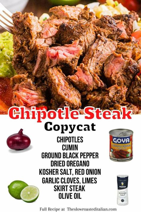 Chipotle Copycat Steak Recipes, Qdoba Steak Recipe, Mercado Steak Recipes, Chipotle Steak Copycat, Steak Chipotle Bowl Recipe, Chipotle Copycat Steak, Chipotle Steak Marinade, Adobo Steak, Chipotle Steak Recipe