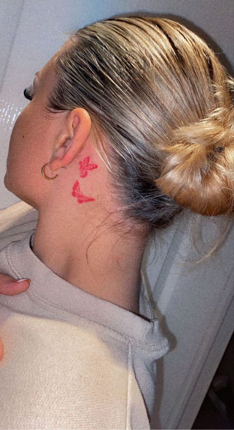 Red Butterflies Behind Ear Tattoo, Cute Small Red Tattoos For Women, Behind Ear Tats Red, Behind The Ear Tattoo Heart, Red 444 Tattoo Behind Ear, Angle Number Tattoo Behind Ear, Behind Ear Tattoo Design, Behind The Ear Tattoo Ideas Red, 444 Tattoo Ideas Behind Ear