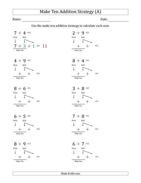 The Make Ten Addition Strategy (A) Math Worksheet from the Addition Worksheets Page at Math-Drills.com. Make 10 Addition Strategy, Making Ten Addition Strategy, Make A Ten Strategy For Addition, Make Ten, Mental Maths Worksheets, Subtraction Strategies, Addition Strategies, Math Drills, Teaching Plan