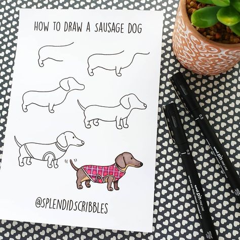 Sausage Dog Drawing, Dog Drawing Easy, Dog Drawing Simple, Dog Emoji, Bullet Journal Banner, How To Draw Steps, Dog Steps, Tattoo Outline, Bullet Journal Doodles