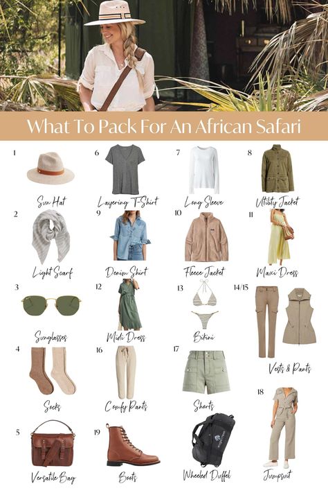 What to Pack for an African Safari • The Blonde Abroad African Trip Outfits, What To Pack For African Safari, What To Pack For South Africa, Chic Safari Outfits, Safari Chic Outfits Women, Safari Hat Women, Safari Outfit Women Africa Style, Winter Safari Outfits, Safari Capsule Wardrobe