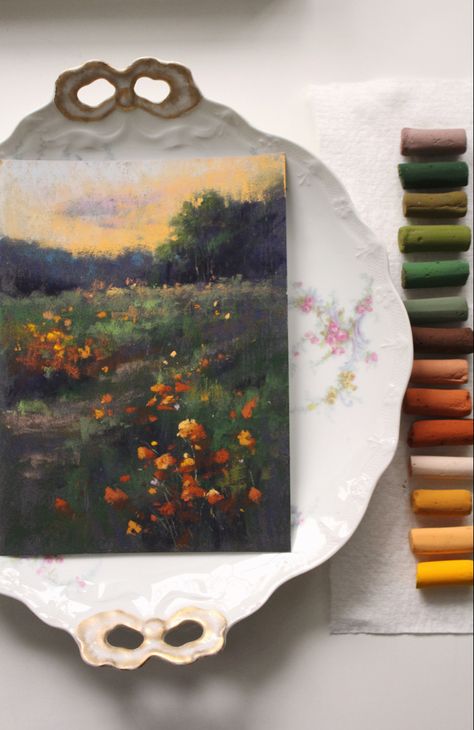 Chalk Pastel Flower Drawing, Dry Pastel Landscape, Pastel Artwork Easy, Soft Pastel Art Landscape, Pastel Art Landscape, Pastel Artwork Flower, Soft Oil Pastel Art, Fall Watercolor Landscape, Dry Pastel Art